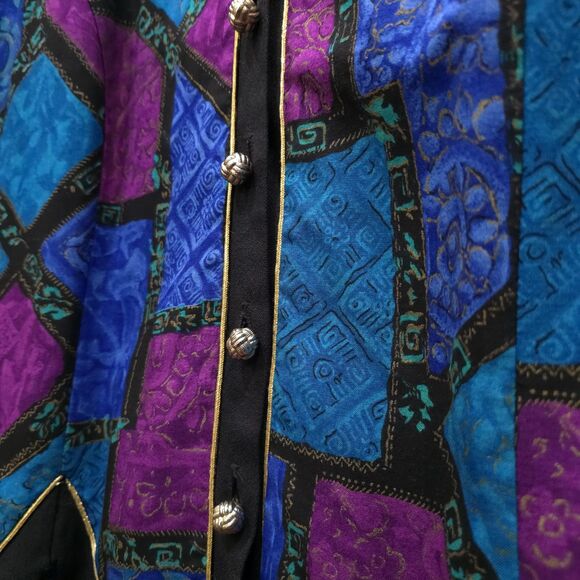 VTG 80s Colorful Blue Blouse Sz22 Glam Gold Buttons Statement Shoulder Pads 90s - Picture 6 of 16